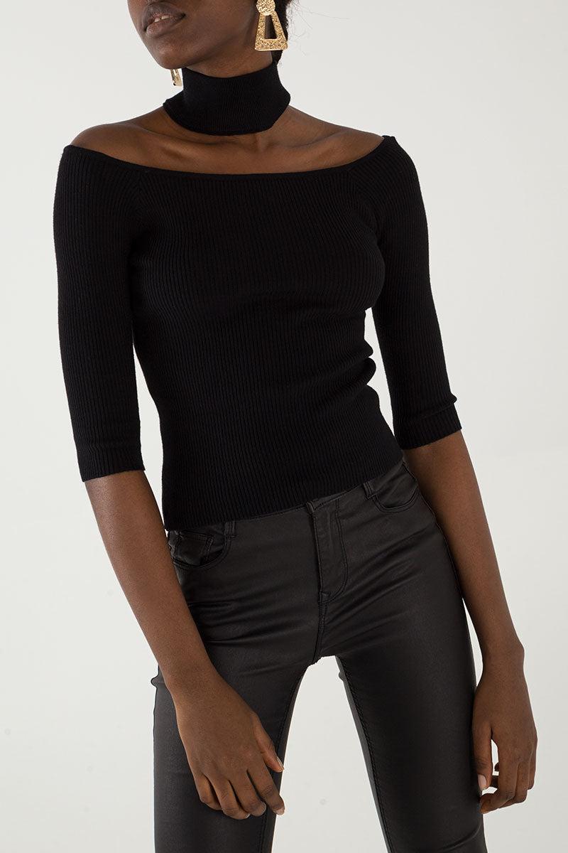 qed london Cut Out Shoulder Rib Jumper