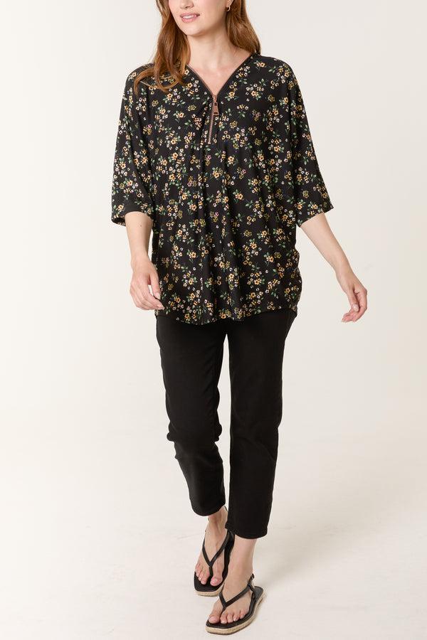 Qed London Daisy Floral Zip Front Top