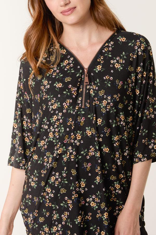 Qed London Daisy Floral Zip Front Top