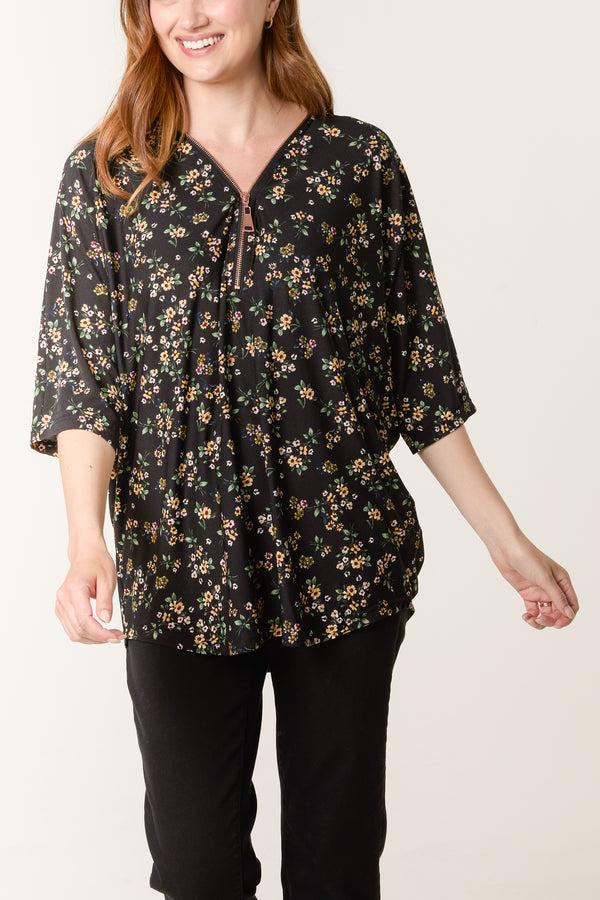 Qed London Daisy Floral Zip Front Top