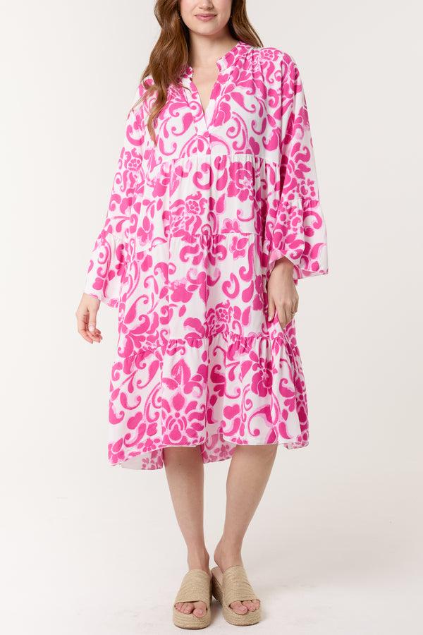 Qed London Damask Floral Tiered Midi Dress