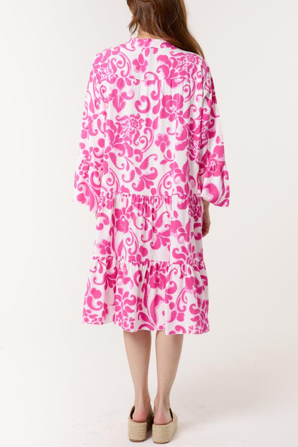 Qed London Damask Floral Tiered Midi Dress