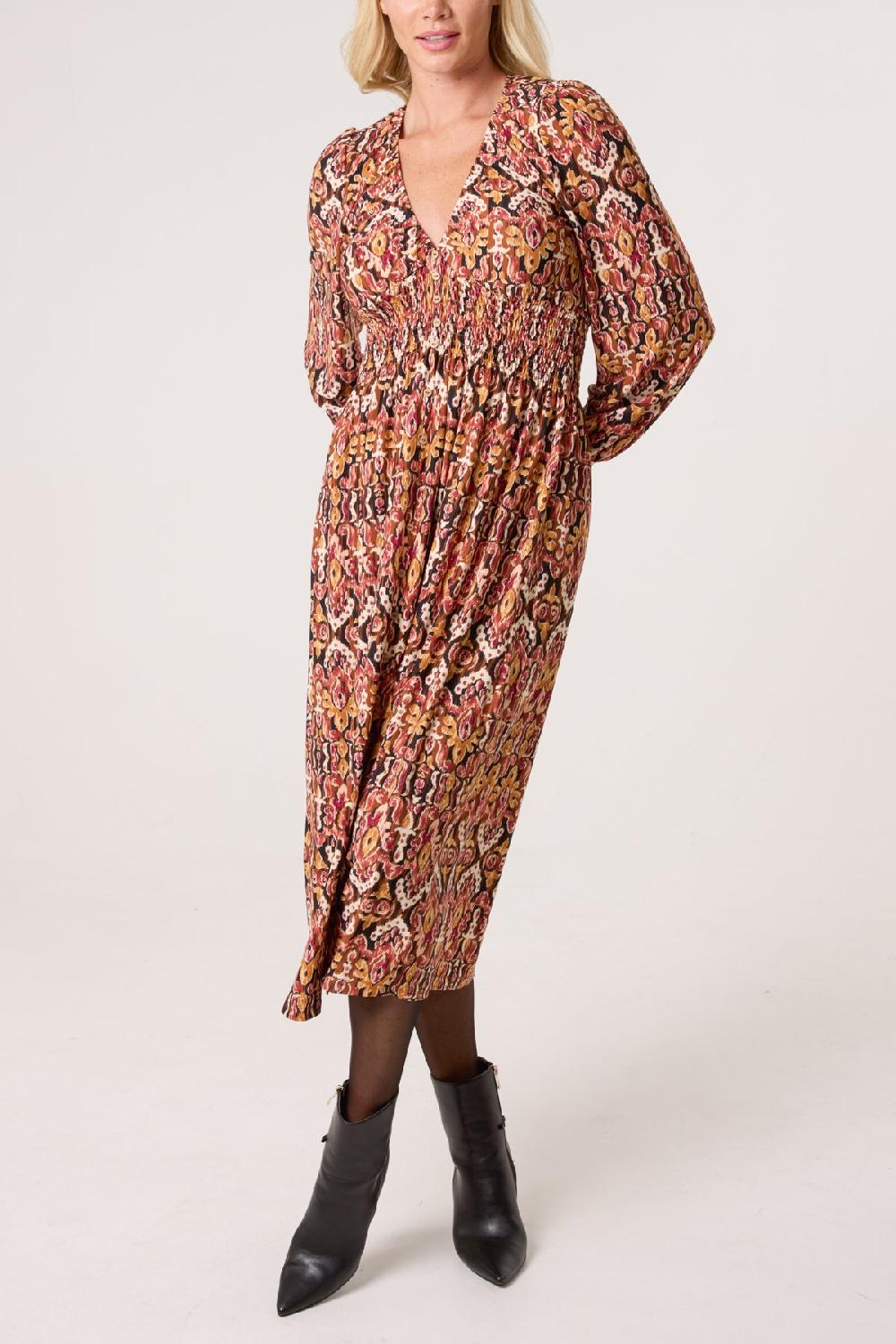 Qed London Damask Print Button Front Stretch Dress