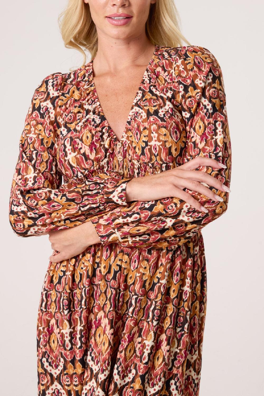 Qed London Damask Print Button Front Stretch Dress