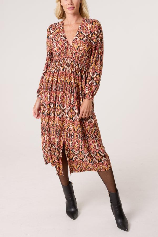 qed london Damask Print Button Front Stretch Dress