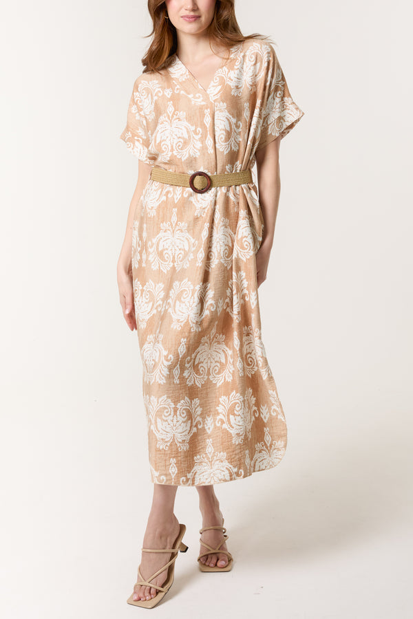 Qed London Damask Print Relaxed Dress W/ Belt