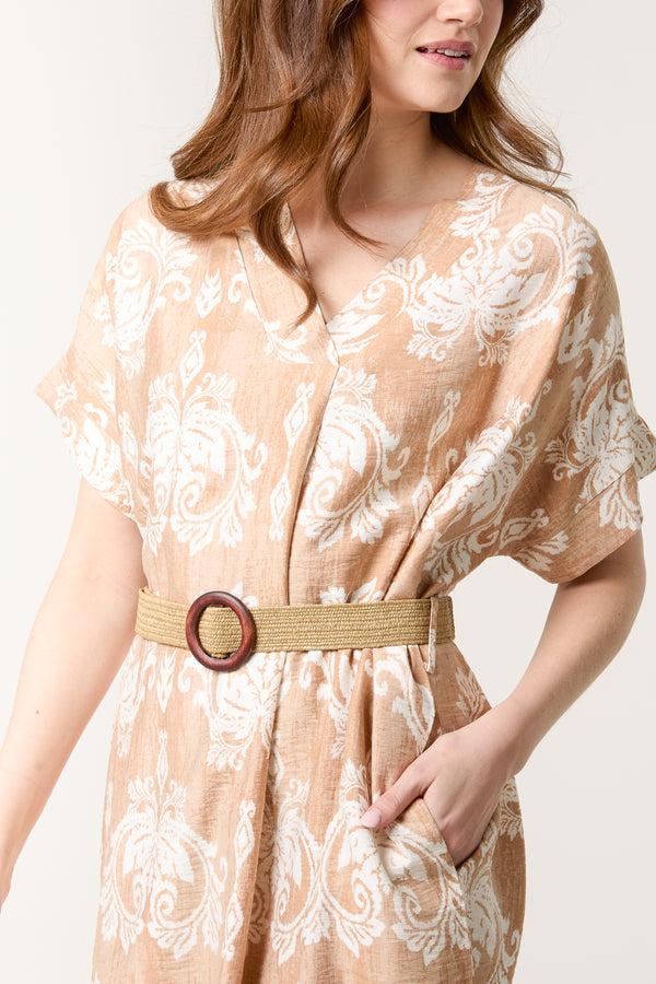 Qed London Damask Print Relaxed Dress W/ Belt