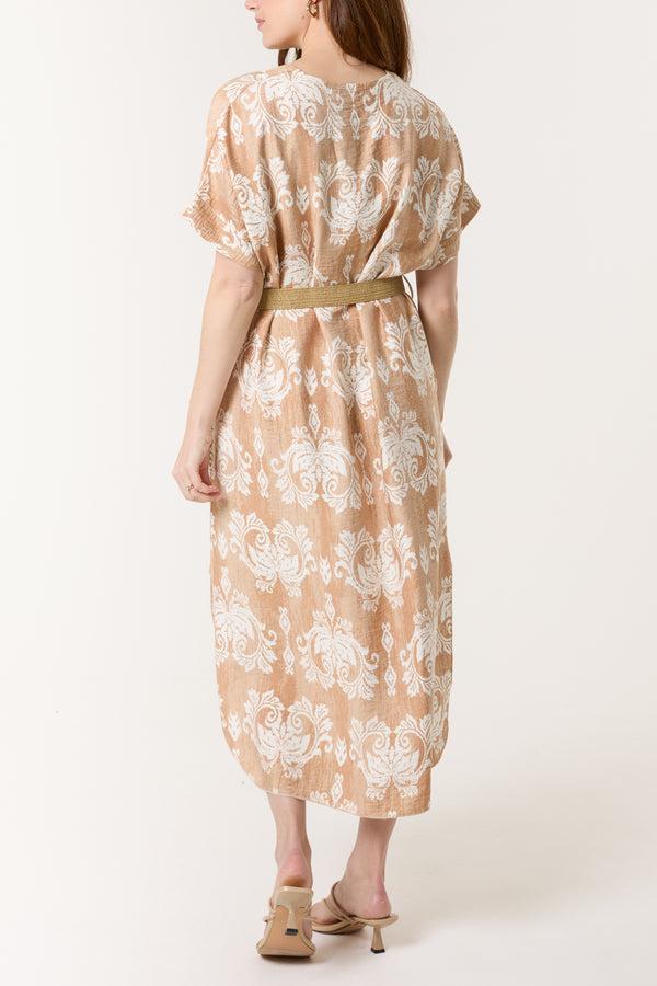 Qed London Damask Print Relaxed Dress W/ Belt
