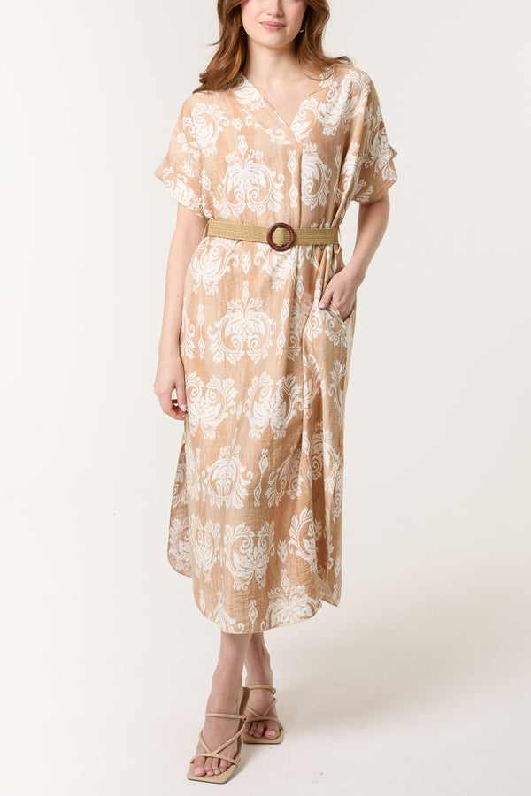 qed london Damask Print Relaxed Dress w/ Belt