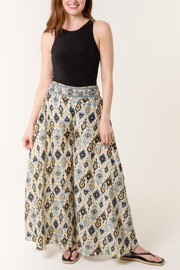 Qed London Damask Print Shirred Wide Leg Trouser