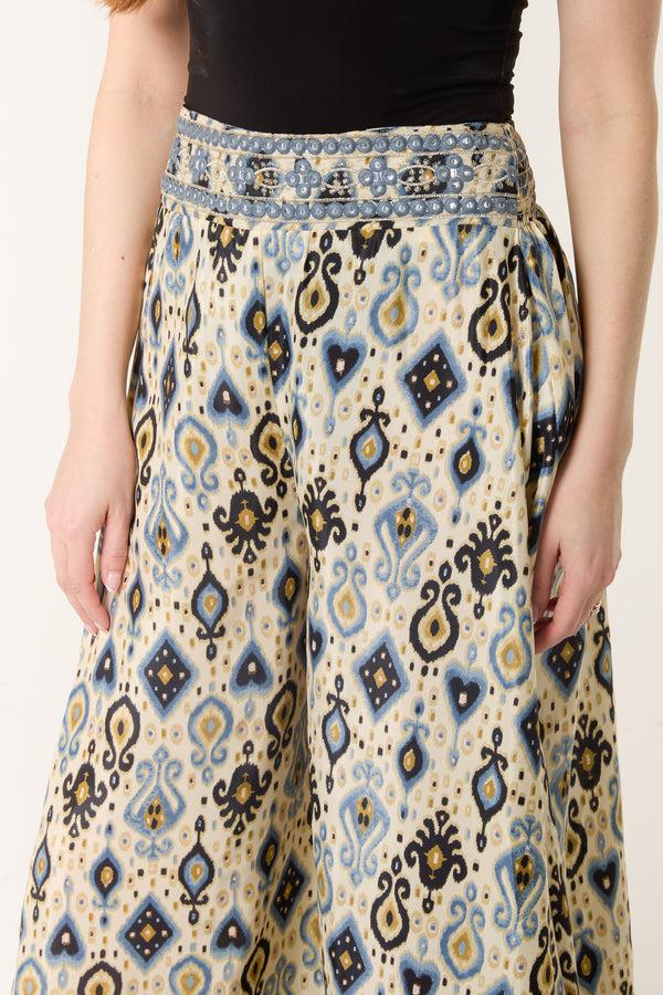 Qed London Damask Print Shirred Wide Leg Trouser