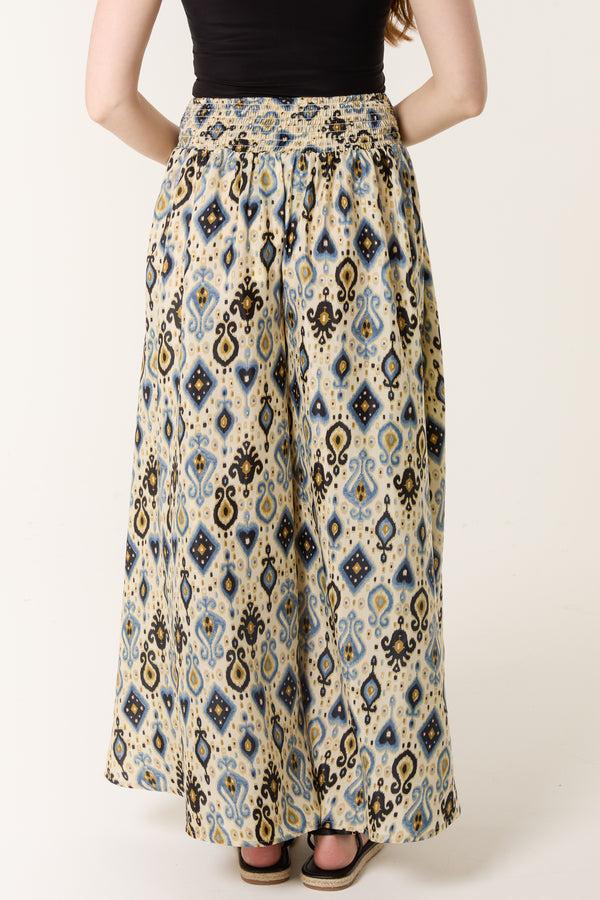 Qed London Damask Print Shirred Wide Leg Trouser