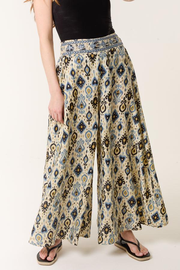 qed london Damask Print Shirred Wide Leg Trouser
