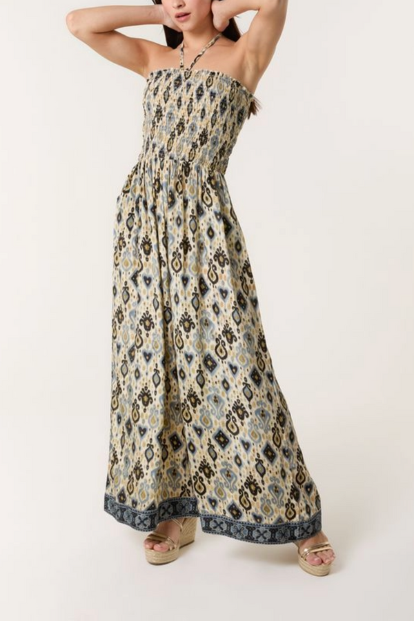 Qed London Damask Shirred Wide Leg Jumpsuit