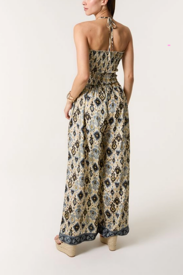 Qed London Damask Shirred Wide Leg Jumpsuit