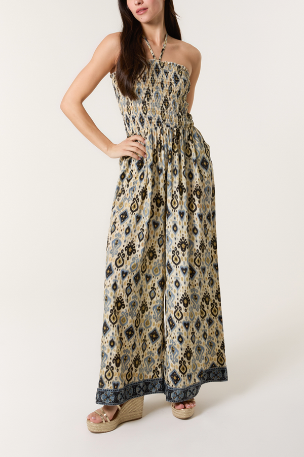 qed london Damask Shirred Wide Leg Jumpsuit