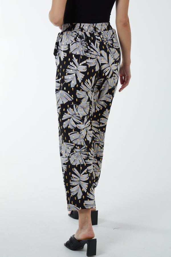 Qed London Dark Foil Leaf Detail Capri Trousers