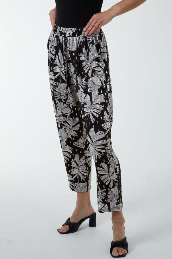 qed london Dark Foil Leaf Detail Capri Trousers