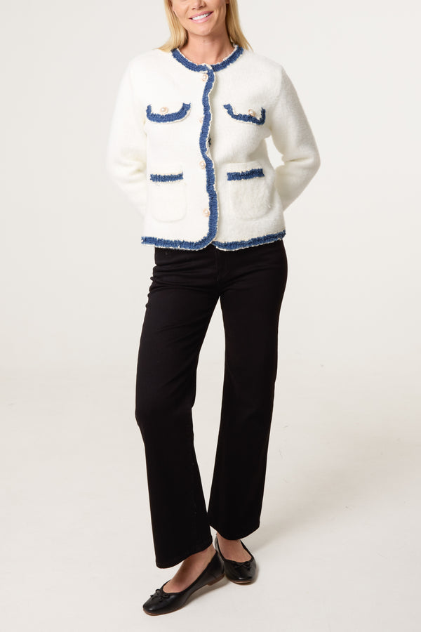 Qed London Denim Detail Pearl Button Knit Cardigan