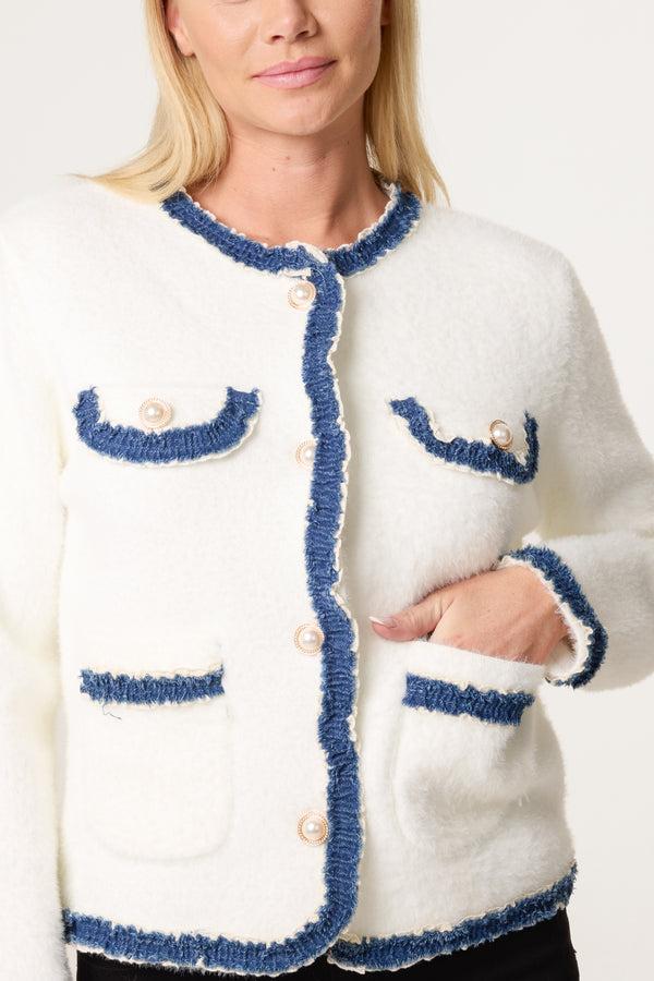 Qed London Denim Detail Pearl Button Knit Cardigan