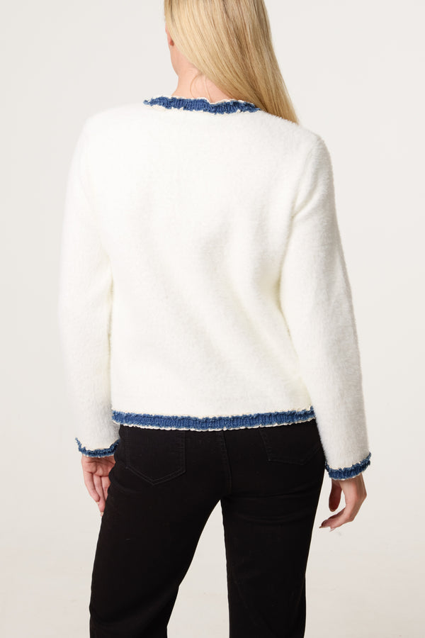 Qed London Denim Detail Pearl Button Knit Cardigan