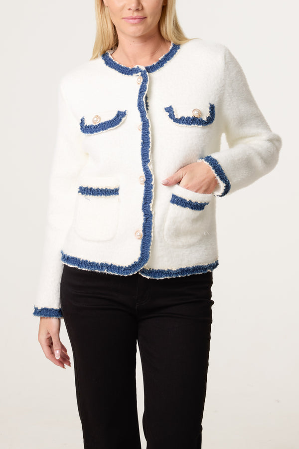 qed london Denim Detail Pearl Button Knit Cardigan