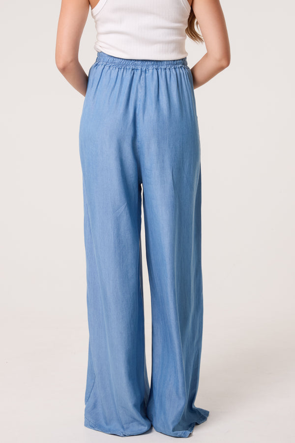 Qed London Denim Drawstring Wide Leg Trousers