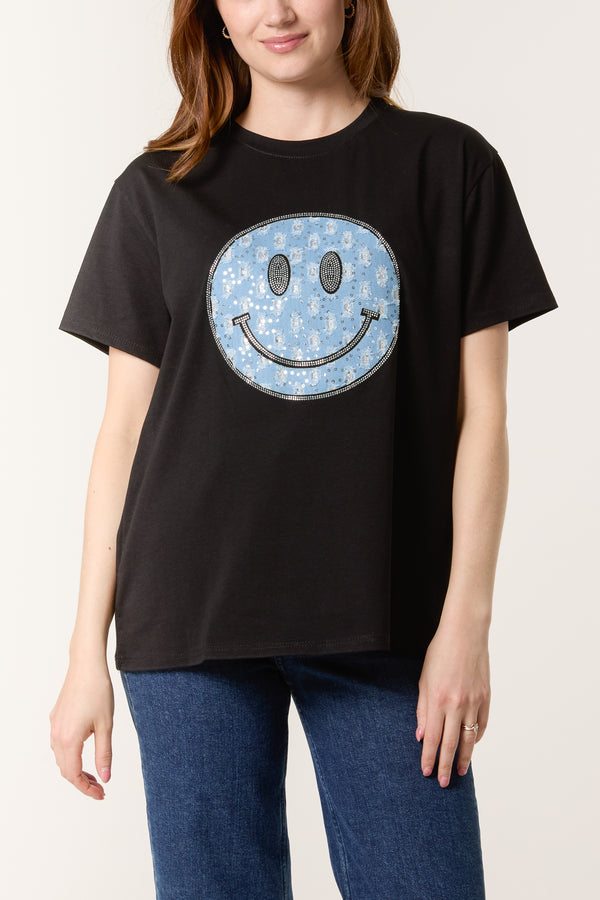 Qed London Denim Smiley Face Short Sleeve T-Shirt