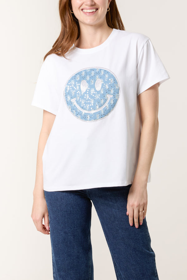 qed london Denim Smiley Face Short Sleeve T-Shirt