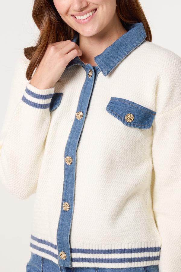 Qed London Denim Trim Knit Cardigan Jacket