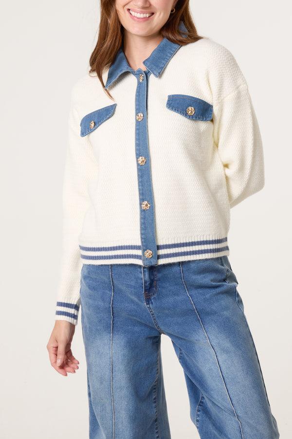 qed london Denim Trim Knit Cardigan Jacket