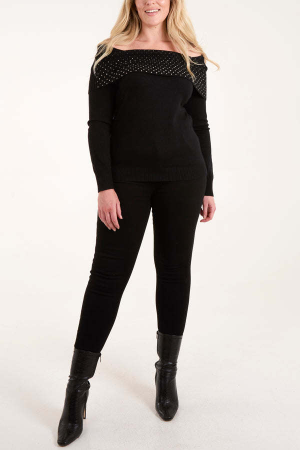 Qed London Diamante Bardot Jumper