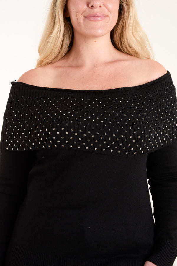 Qed London Diamante Bardot Jumper