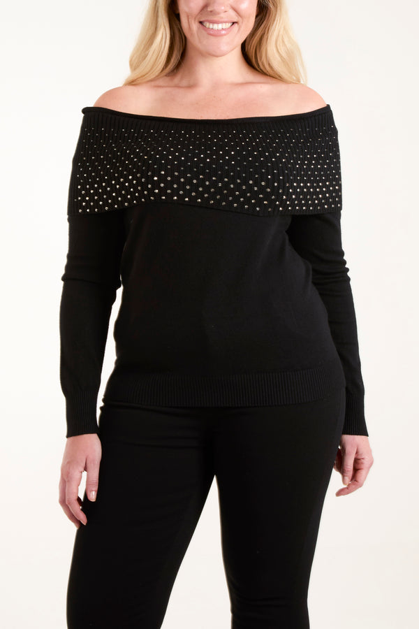 qed london Diamante Bardot Jumper