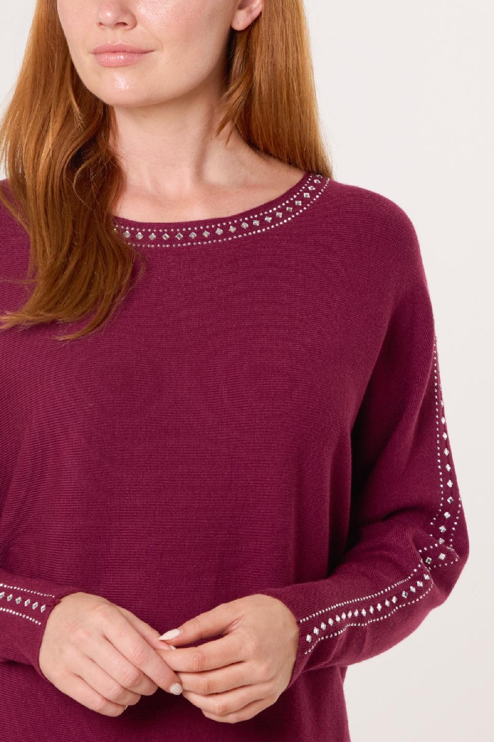 Qed London Diamante Border Fine Knit Jumper
