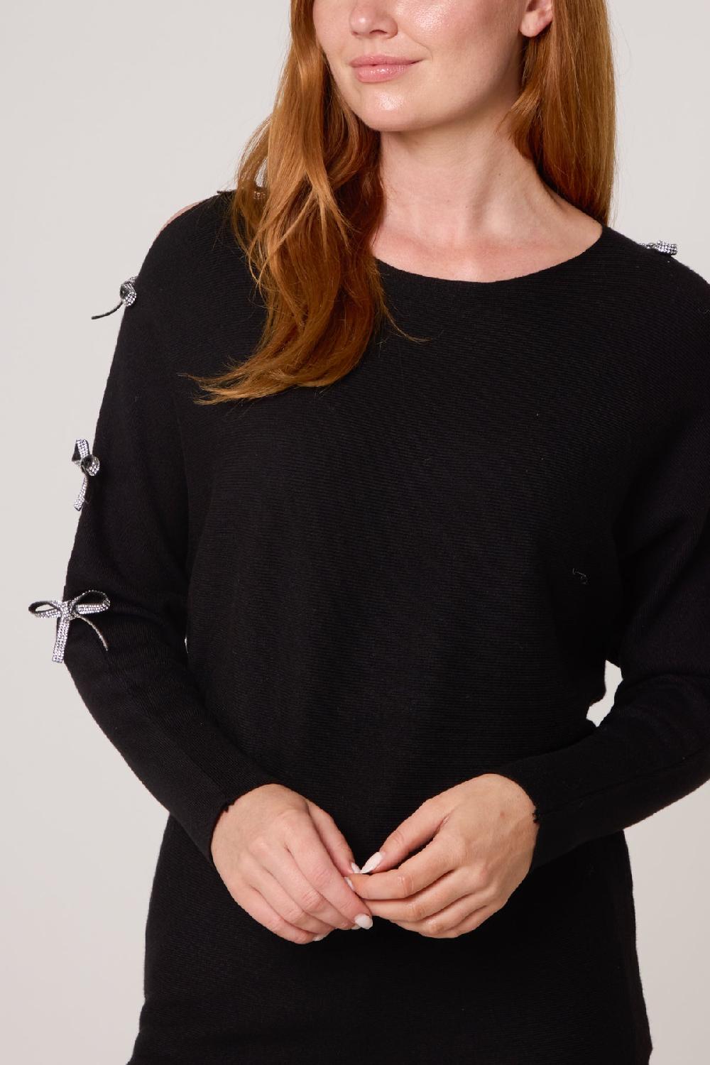 Qed London Diamante Bow Cut Out Sleeve Jumper