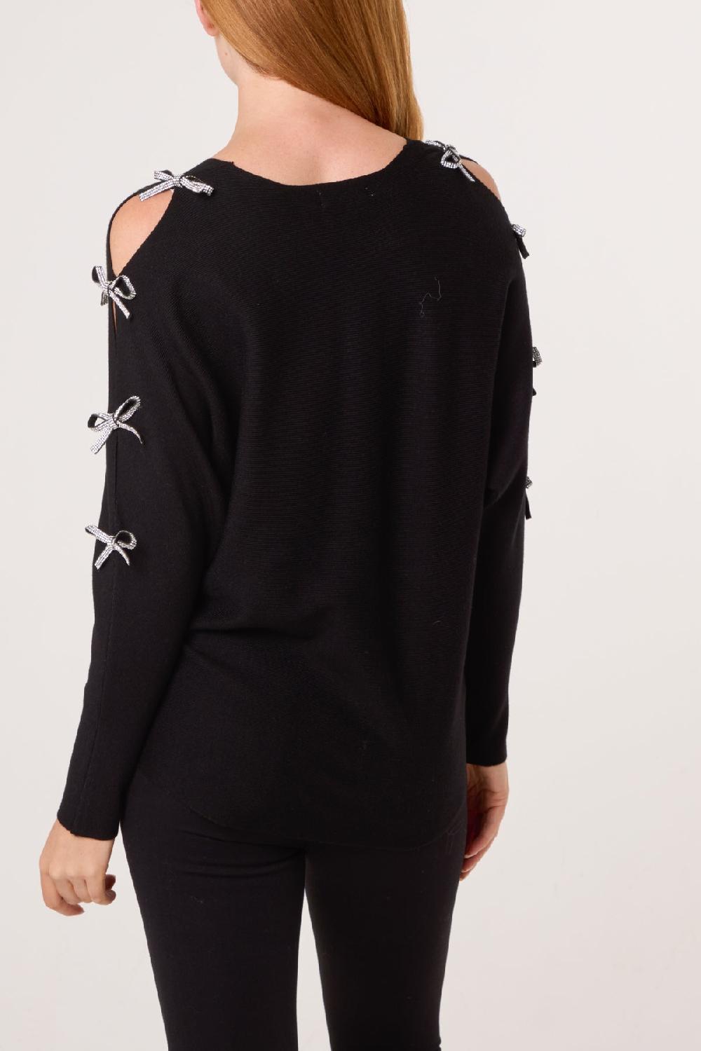 Qed London Diamante Bow Cut Out Sleeve Jumper