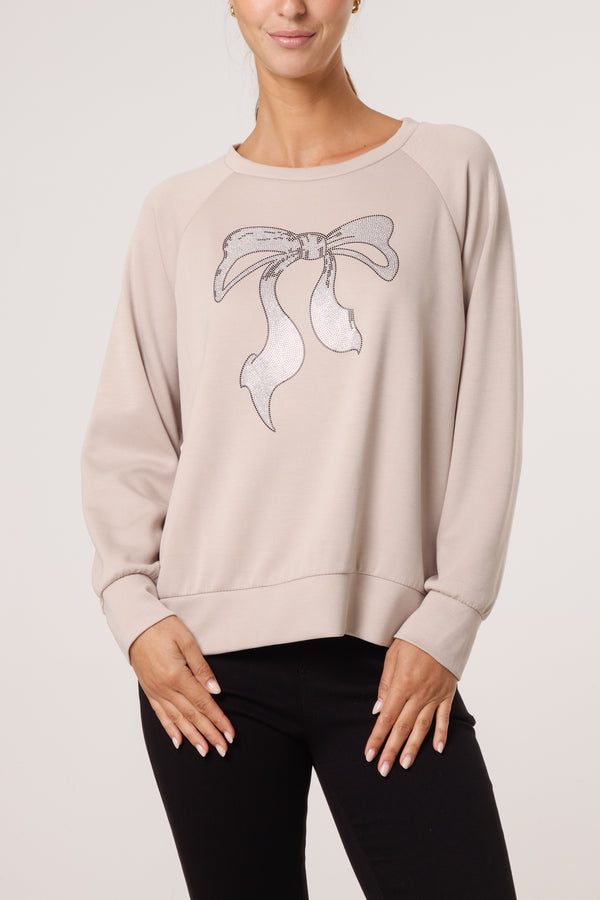 Qed London Diamante Bow Round Neck Sweatshirt