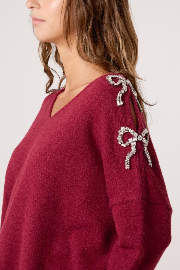 Qed London Diamante Bow Sleeve Jumper