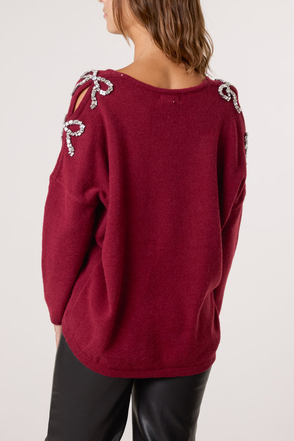 Qed London Diamante Bow Sleeve Jumper