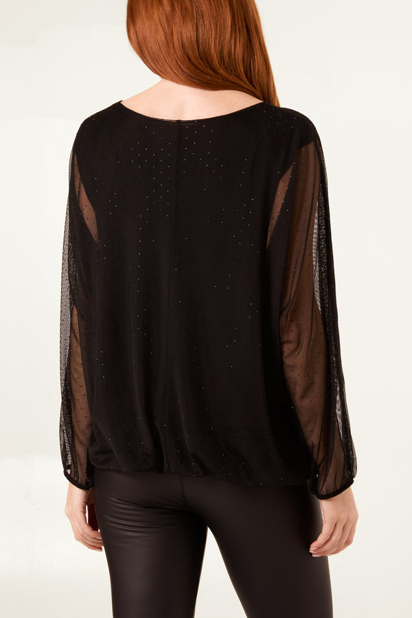 Qed London Diamante Bubble Hem Mesh Top