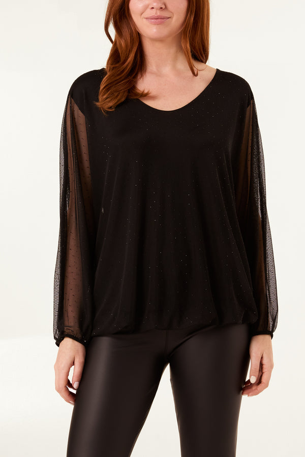 qed london Diamante Bubble Hem Mesh Top