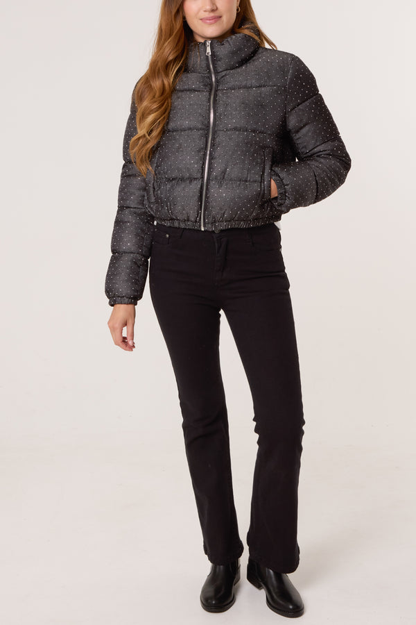 Qed London Diamante Cropped Puffer Coat