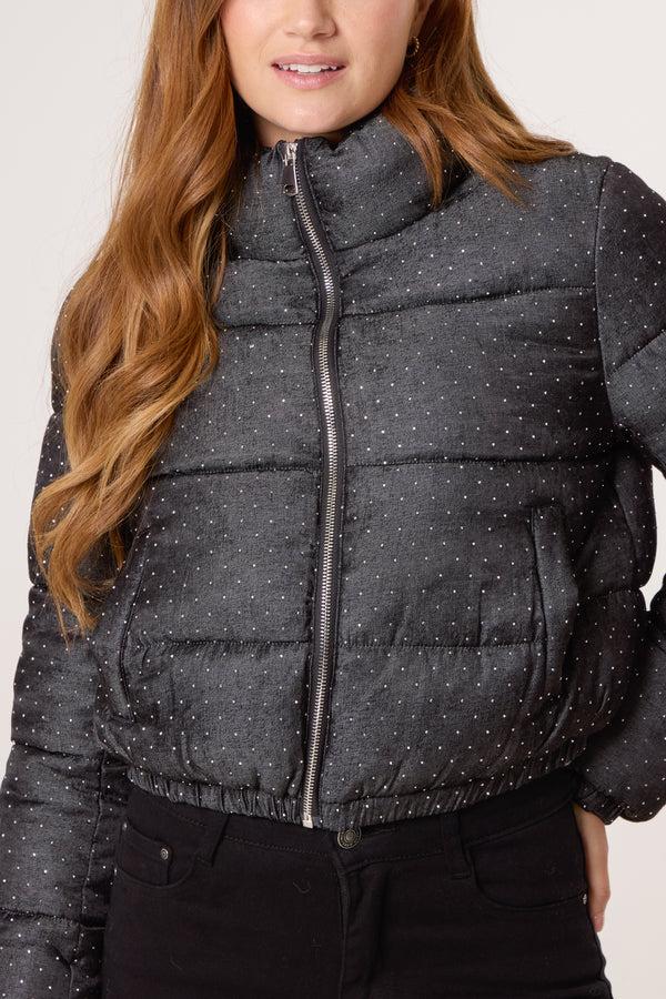 Qed London Diamante Cropped Puffer Coat