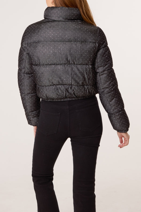 Qed London Diamante Cropped Puffer Coat
