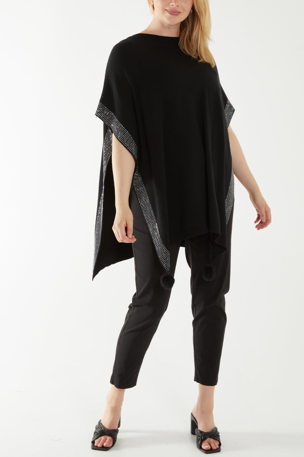 Qed London Diamante Detail Pom Pom Tassel Poncho