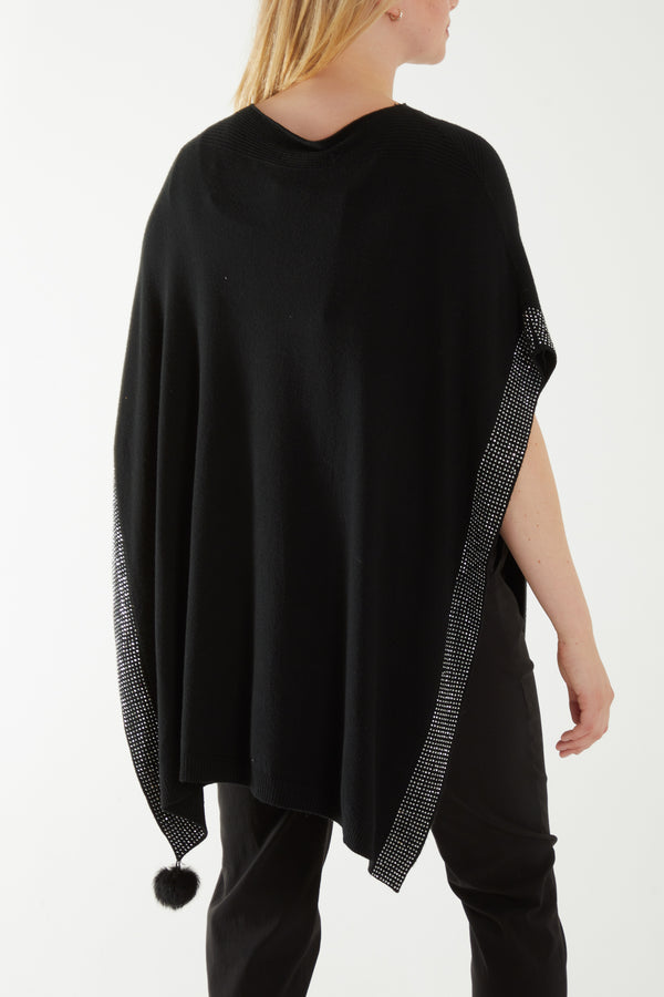Qed London Diamante Detail Pom Pom Tassel Poncho