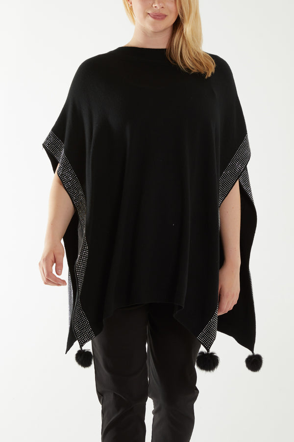 qed london Diamante Detail Pom Pom Tassel Poncho