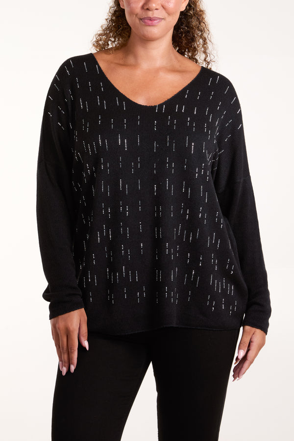 Qed London Diamante Detail V-Neck Jumper