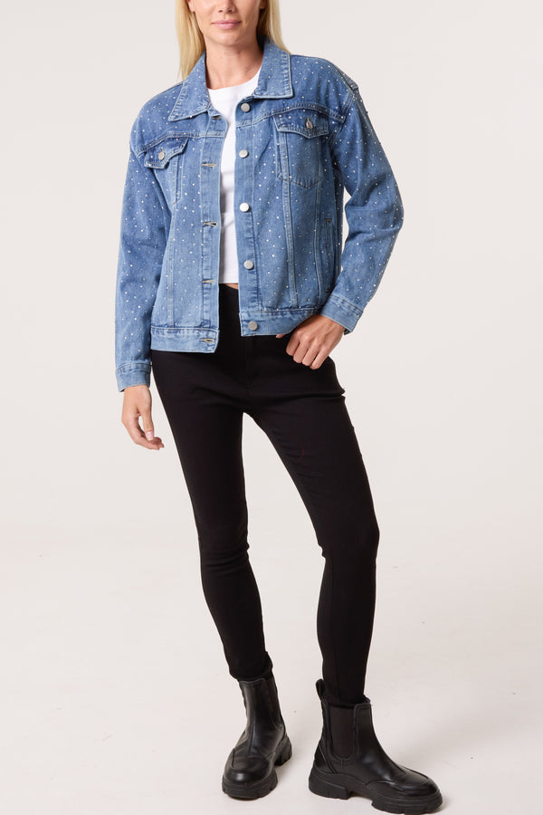 Qed London Diamante Embellished Denim Jacket